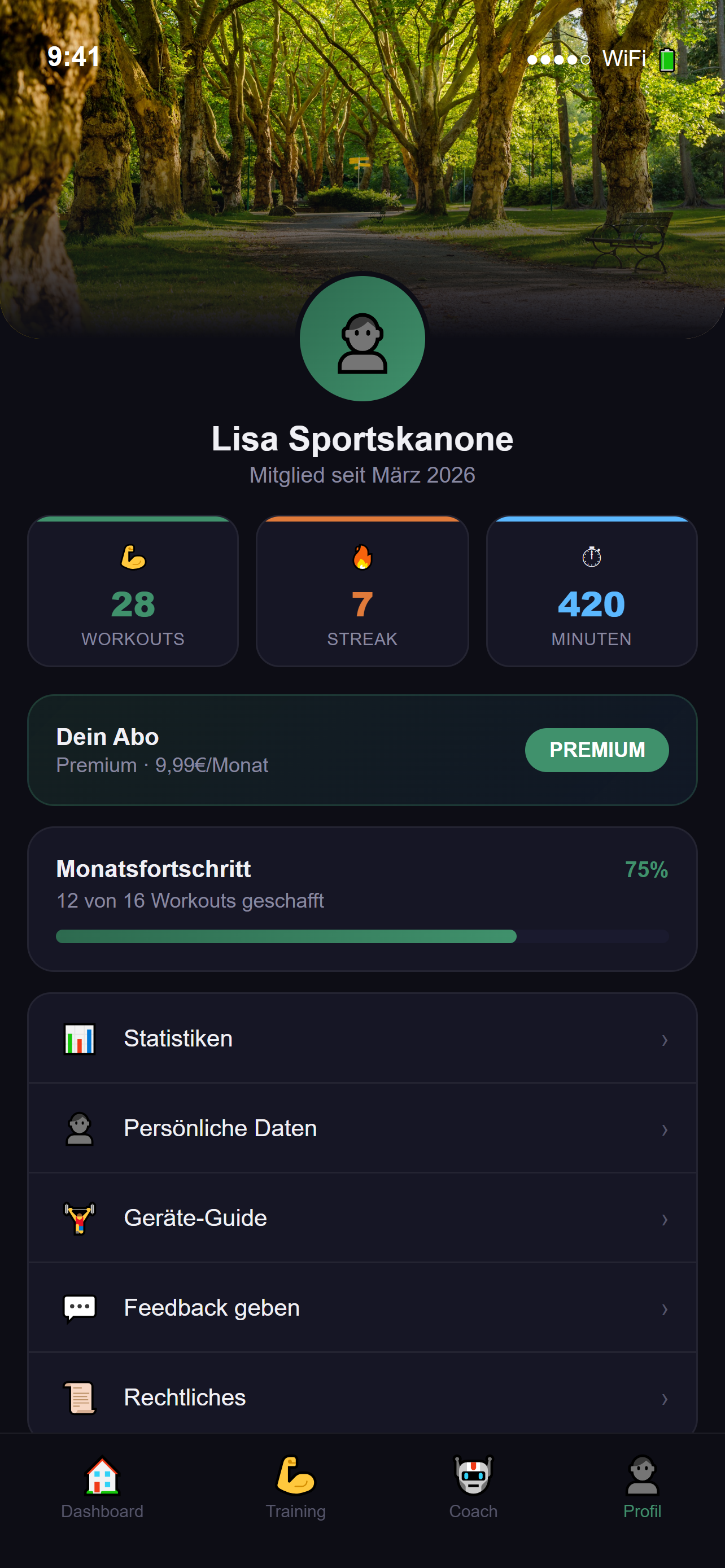 Profil mit Statistiken